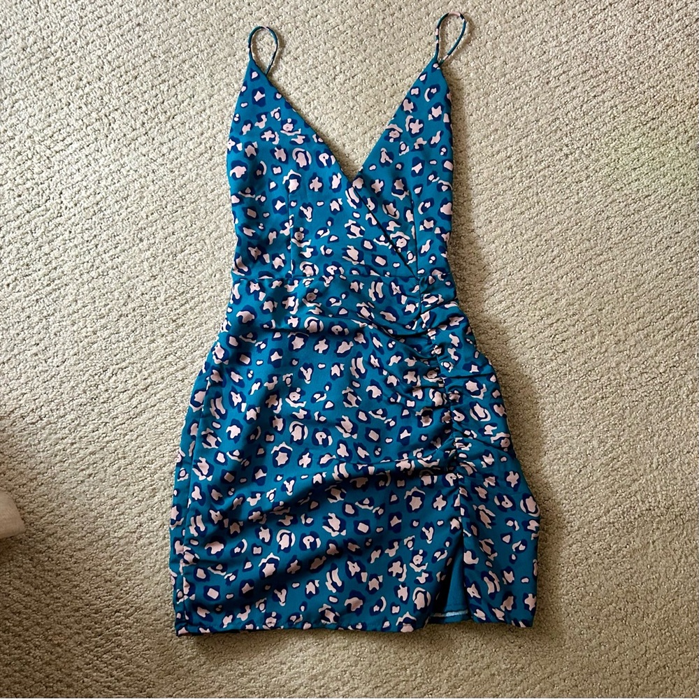 superdown Teal and Light Pink Leopard Print Slip Dress